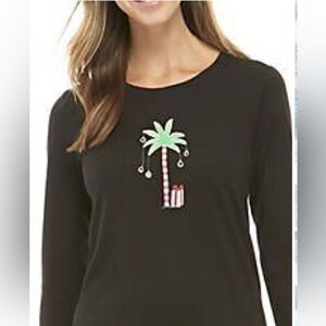 HUE black long sleeved Christmas palm tree tee, size S.